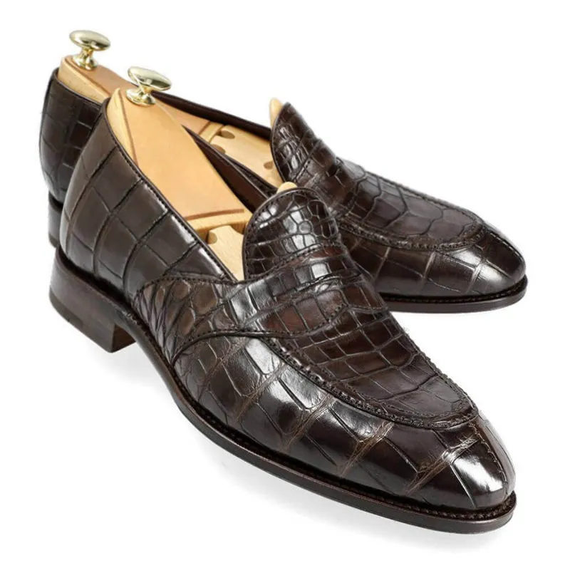6 CM/2.36 Inches CMR CHAMARIPA Men's Handcrafted Brown Alligator Leather Penny Loafers