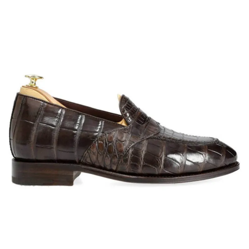 6 CM/2.36 Inches CMR CHAMARIPA Men's Handcrafted Brown Alligator Leather Penny Loafers
