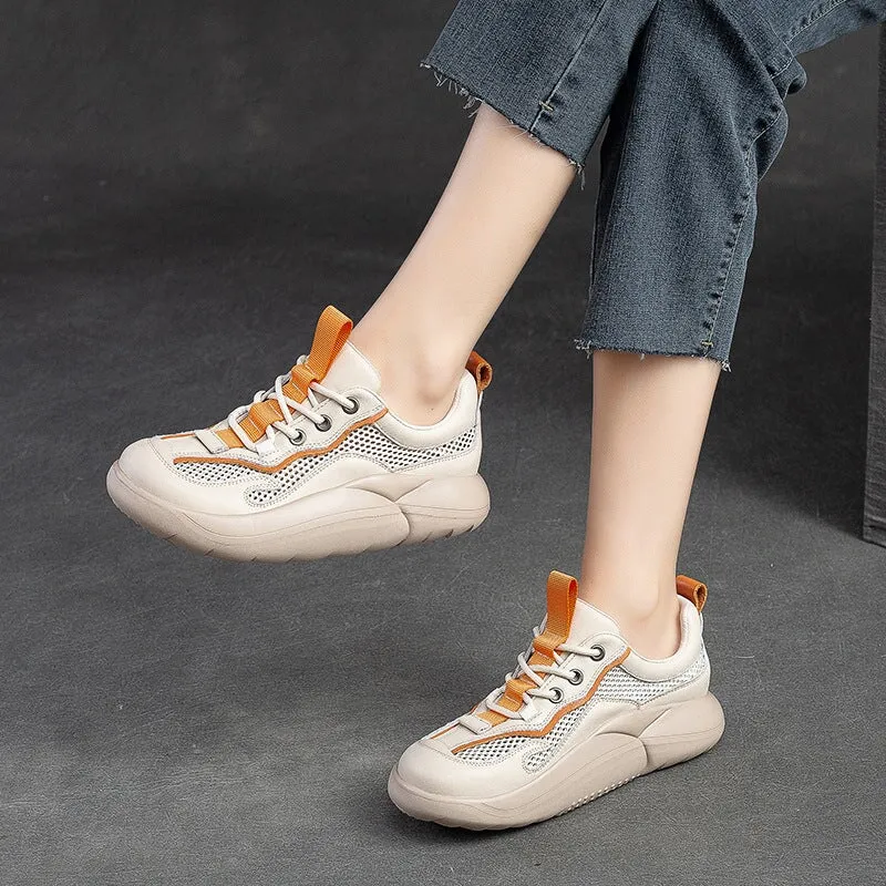Leather and Mesh Low-top Sneakers for Women Lace up in Green/Orange