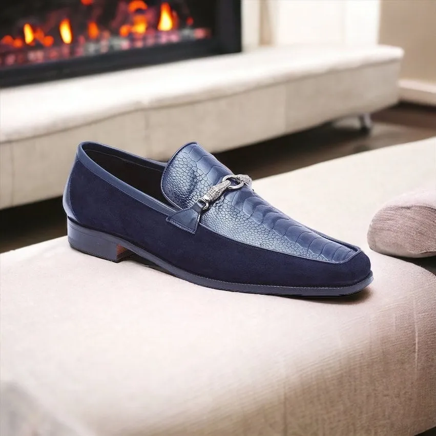 Mauri Priest 4800 Men's Shoes Wonder Blue Ostrich Leg / Suede / Calf-Skin Leather Horsebit Loafers (MAS5259)
